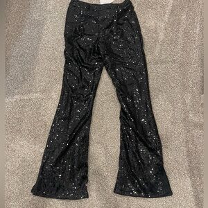 Black sequin side zip flare pants small NWT